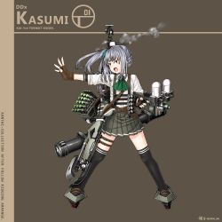 Rule 34 | &gt;:o, 1girl, :o, absurdres, arm warmers, bad id, bad twitter id, black thighhighs, brown gloves, character name, copyright name, fingerless gloves, full body, gloves, grey hair, grey skirt, hair ribbon, highres, kantai collection, kasumi (kancolle), long hair, machinery, notchi, pleated skirt, ribbon, shirt, short sleeves, side ponytail, skirt, solo, suspenders, thighhighs, twitter username, v-shaped eyebrows, white shirt, yellow eyes