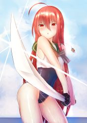 Rule 34 | 1girl, ahoge, alastor (shakugan no shana), black one-piece swimsuit, blue sky, cloud, contrapposto, cowboy shot, day, glint, highleg, highleg swimsuit, highres, jewelry, katana, long hair, one-piece swimsuit, outdoors, pendant, perspective, red eyes, red hair, sailor collar, sailor shirt, shakugan no shana, shana, shirt, sky, sleeveless, sleeveless shirt, solo, standing, swimsuit, sword, weapon, yui hiroshi