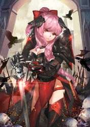 Rule 34 | 1girl, arch, baiguiyu, banner, bird, blood, boobplate, bow, breasts, cleavage, commentary request, crow, gauntlets, hair bow, hands on hilt, land of caromag, large breasts, light rays, looking at viewer, pelvic curtain, pink hair, planted sword, planted, ponytail, red bow, red eyes, skill, solo, standing, sword, weapon