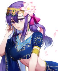 Rule 34 | 1girl, adjusting hair, artist request, blush, breasts, earrings, fate/grand order, fate (series), flower, hair flower, hair ornament, indian clothes, jewelry, large breasts, leaning forward, long hair, looking at viewer, matou sakura, midriff, parvati (fate), petals, purple eyes, purple hair, simple background, solo, white background