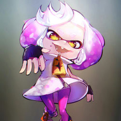 Rule 34 | artist request, black gloves, crown, dress, fingerless gloves, giant zipper, gloves, grey background, inkling, inkling player character, multicolored hair, nintendo, pantyhose, pearl (splatoon), pink hair, purple hair, short hair, solo, splatoon (series), splatoon 2, standing, thick eyebrows, thighhighs, v-shaped eyebrows, white dress, white hair, yellow eyes, zipper