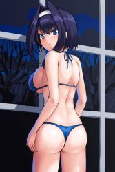 Rule 34 | 1girl, aposine, ass, bikini, black hair, blue bikini, blue eyes, blue hair, breasts, commentary, english commentary, from behind, hair intakes, hairband, hololive, hololive english, large breasts, looking at viewer, looking back, ouro kronii, short hair, solo, standing, swimsuit, virtual youtuber, white hairband