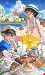 Rule 34 | 2boys, baiyun (13487), beach, blue eyes, bread slice, chinese commentary, city, commentary request, eating, food, hat, highres, holding, holding food, ice cream, male swimwear, multiple boys, original, outdoors, sitting, swim trunks, swimsuit, table, toast, topless male, water, yellow male swimwear, yellow swim trunks