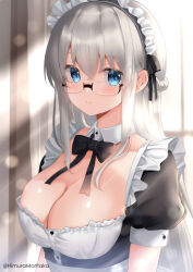 Rule 34 | 1girl, absurdres, alternate costume, animal ears, black bow, blurry, blurry background, bow, braid, breasts, cleavage, closed mouth, commentary request, detached collar, enmaided, french braid, glasses, grey hair, hair between eyes, heywood l. edwards (kancolle), highres, himura moritaka, horse ears, indoors, kantai collection, large breasts, long hair, maid, maid headdress, puffy short sleeves, puffy sleeves, rimless eyewear, short sleeves, smile, solo, upper body