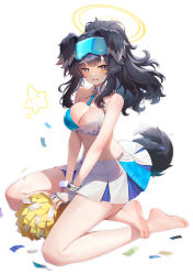 Rule 34 | 1girl, absurdres, animal ears, bare arms, bare legs, bare shoulders, barefoot, black hair, blue archive, blue eyes, cheerleader, crop top, dog ears, dog girl, dog tail, eyewear on head, feet, goggles, goggles on head, hibiki (blue archive), hibiki (cheer squad) (blue archive), highres, holding, holding pom poms, looking at viewer, manic shd, millennium cheerleader outfit (blue archive), no shoes, official alternate costume, pom pom (cheerleading), pom poms, purple eyes, soles, sticker on arm, sticker on face, tail, twintails