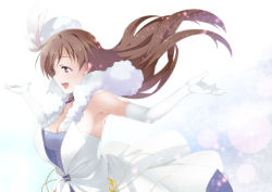 Rule 34 | 10s, 1girl, :d, bare shoulders, breasts, brown eyes, brown hair, cleavage, dress, elbow gloves, female focus, fur trim, gloves, hat, idolmaster, idolmaster cinderella girls, inue shinsuke, jewelry, large breasts, long hair, necklace, nitta minami, open mouth, pure white memories, smile, solo