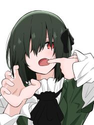 Rule 34 | 1girl, ascot, black ascot, black hair, black ribbon, claw pose, collar, commentary request, fang, finger in own mouth, frilled collar, frills, green jacket, hair over one eye, hair ribbon, highres, jacket, koufukuron (love live!), long sleeves, looking at viewer, love live!, love live! nijigasaki high school idol club, mifune shioriko, one eye covered, open mouth, red eyes, ribbon, shiroimaru4869, short hair, solo, upper body, white background