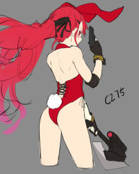 Rule 34 | 1girl, absurdres, animal ears, ass, axe, black gloves, blush, character name, closed mouth, cropped legs, cz75 (girls&#039; frontline), cz 75, elbow pads, fake animal ears, finger on trigger, fingerless gloves, from behind, frown, girls&#039; frontline, gloves, grey background, gun, hand up, handgun, highres, holding, holding axe, holding gun, holding weapon, hudak, leotard, long hair, looking at viewer, looking back, pistol, playboy bunny, rabbit ears, red eyes, red hair, red leotard, scope, simple background, sketch, solo, thighs, tomahawk, tsurime, twintails, very long hair, weapon