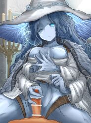 Rule 34 | 1girl, absurdres, bar censor, blue eyes, blue skin, breasts, candle, censored, cloak, colored skin, convenient censoring, cracked skin, elden ring, extra arms, extra faces, frown, fur cloak, girl on top, handjob, hat, highres, large hat, leogust, medium breasts, mosaic censoring, no nipples, no panties, one eye closed, penis, ranni the witch, textless version, underboob, witch hat