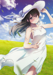 Rule 34 | 1girl, arm up, bare arms, black hair, blue sky, blush, closed mouth, cloud, collarbone, commentary request, day, dermar, dress, field, grass, greyscale, hair blowing, hat, hat ribbon, head tilt, highres, horizon, long hair, looking at viewer, monochrome, outdoors, ribbon, sakurajima mai, seishun buta yarou, signature, sky, smile, solo, standing, straw hat, sun hat, sundress, white dress, white hat
