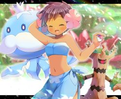 Rule 34 | 1girl, :d, ^^^, arm behind head, bandeau, bare arms, bare shoulders, blue bandeau, blurry, blurry background, breasts, brown hair, closed eyes, collarbone, creatures (company), crop top, crown, dark skin, depth of field, facing viewer, flower, game freak, gen 5 pokemon, gen 6 pokemon, hair flower, hair ornament, holding, holding poke ball, jellicent, jellicent (male), kou hiyoyo, letterboxed, looking at viewer, mini crown, navel, nintendo, open mouth, phoebe (pokemon), pink flower, poke ball, poke ball (basic), pokemon, pokemon (creature), pokemon rse, sarong, short hair, small breasts, smile, tree, trevenant