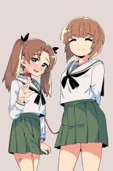 Rule 34 | 2girls, absurdres, aoi kujira, arms behind back, black neckerchief, black ribbon, blush, brown eyes, brown hair, bruise, choker, cowboy shot, girls und panzer, green skirt, grey background, hair ribbon, hand up, hashtag-only commentary, highres, holding, holding leash, injury, kadotani anzu, leash, long hair, long sleeves, looking at viewer, multiple girls, neckerchief, nishizumi miho, pleated skirt, pussy juice, red choker, ribbon, sailor collar, shirt, short hair, simple background, skirt, skirt tug, smile, standing, thighs, twintails, waving, white sailor collar, white shirt