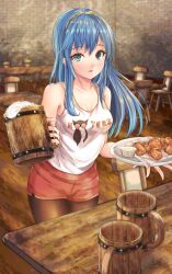 Rule 34 | 1girl, bare shoulders, beer mug, blue eyes, blue hair, breasts, brick wall, brown pantyhose, chair, chicken wing, cleavage, collarbone, commission, cup, fire emblem, fire emblem awakening, fuussu (21-kazin), hair between eyes, holding, holding cup, hooters, long hair, lucina (fire emblem), medium breasts, mug, nintendo, open mouth, orange shorts, pantyhose, pantyhose under shorts, plate, shorts, skeb commission, solo, table, tank top, tiara, white tank top, wooden chair, wooden floor, wooden table