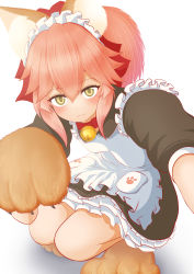Rule 34 | 1girl, :3, absurdres, alternate costume, animal ear fluff, animal ears, animal hands, apron, artist request, bell, blush, breasts, cat hair ornament, cat paws, collar, enmaided, fate/grand order, fate (series), fox ears, fox girl, fox tail, gloves, hair ornament, highres, jingle bell, long hair, looking at viewer, looking up, maid, maid apron, maid headdress, medium breasts, neck bell, paw gloves, paw shoes, pink hair, ponytail, simple background, sitting, solo, tail, tamamo (fate), tamamo cat (fate), tamamo cat (second ascension) (fate), white background, yellow eyes