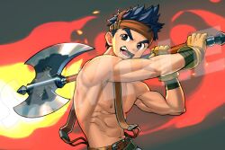 Rule 34 | 1boy, abs, axe, belt, biceps, blue hair, brown belt, brown eyes, commentary, fire, fire emblem, fire emblem: the sacred stones, gloves, headband, holding, holding axe, holding weapon, incoming attack, looking to the side, male focus, muscular, muscular male, nintendo, open mouth, pectorals, ross (fire emblem), sample watermark, topless male, watermark, weapon, xireeeeee, yellow gloves