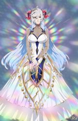 Rule 34 | 1girl, absurdres, blue hair, bodystocking, breasts, cleavage, curled horns, dress, fire emblem, fire emblem heroes, freyja (fire emblem), goat horns, hair ornament, highres, horns, large breasts, long hair, long sleeves, looking at viewer, mature female, multicolored hair, nintendo, r3dfive, red eyes, red horns, solo, white dress