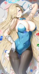 Rule 34 | 1girl, absurdres, ace (playing card), ace of spades, animal ears, arm up, asuna (blue archive), asuna (bunny) (blue archive), blonde hair, blue archive, blue eyes, blue leotard, blue ribbon, blush, breasts, brown pantyhose, card, cleavage, covered navel, eyes visible through hair, fake animal ears, gloves, grin, hair over one eye, hair ribbon, hairband, halo, highres, jeon-eo konoshiro, large breasts, leotard, long hair, looking at viewer, pantyhose, playboy bunny, playing card, poker chip, ribbon, smile, solo, spade (shape), strapless, strapless leotard, thigh gap, unworn hairband, very long hair, white gloves