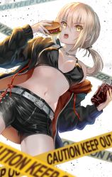 Rule 34 | 1girl, :o, artoria pendragon (fate), bikini, black bikini, black jacket, black ribbon, black shorts, blonde hair, burger, caution, caution tape, character request, check character, cowboy shot, eating, fate/grand order, fate (series), food, hair ribbon, hands up, highres, jacket, long sleeves, natsujiru, navel, off shoulder, open clothes, open jacket, open mouth, ponytail, red jacket, ribbon, saber alter (ver. shinjuku 1999) (fate), shorts, single bare shoulder, solo, stomach, swimsuit, teeth, tongue, two-sided fabric, two-sided jacket, upper teeth only, white background, yellow eyes