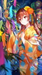 Rule 34 | 1girl, animal print, bamboo, blush, brown hair, butterfly print, closed mouth, cowboy shot, flower, fukinagashi, girl cafe gun, hair between eyes, hair flower, hair ornament, hand on own chest, hands up, highres, holding tanzaku, irene white (girl cafe gun), japanese clothes, kimono, long hair, long sleeves, looking ahead, night, night sky, official art, one side up, orange flower, orange kimono, red eyes, see-through, see-through shawl, shawl, sky, smile, solo, star (sky), starry sky, tanabata, tanzaku, wide sleeves, yellow flower, yukata