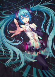 Rule 34 | 1girl, aqua eyes, aqua hair, blue eyes, blue hair, colored eyelashes, eyelashes, foreshortening, gradient hair, hatsune miku, hatsune miku (append), highres, jun (goodgun7), long hair, looking at viewer, matching hair/eyes, multicolored hair, open mouth, outstretched hand, solo, thighhighs, twintails, very long hair, vocaloid, vocaloid append