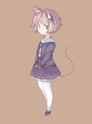 Rule 34 | 1girl, aged down, akagashi hagane, animal ears, brown background, child, grey hair, jacket, long sleeves, looking at viewer, mouse ears, mouse tail, nazrin, open clothes, open jacket, pantyhose, red eyes, shirt, simple background, skirt, skirt set, solo, tail, touhou, v arms, white pantyhose