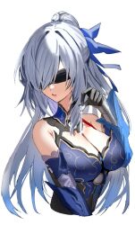 Rule 34 | 1girl, bare shoulders, black blindfold, black gloves, blindfold, blue hair, blue ribbon, breasts, cleavage, cropped torso, detached sleeves, gloves, gradient hair, grey hair, hair ribbon, highres, honkai: star rail, honkai (series), horn/wood, jingliu (honkai: star rail), large breasts, long hair, multicolored hair, parted lips, pouring, pouring onto self, ribbon, simple background, solo, upper body, white background