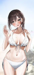 Rule 34 | 1girl, bare arms, bare shoulders, bikini, breasts, brown eyes, brown hair, cleavage, collarbone, cowboy shot, day, frilled bikini, frills, gluteal fold, hand up, highres, large breasts, looking at viewer, mole, mole on breast, navel, original, outdoors, ribbon, rock, rouka (akatyann), short hair, side-tie bikini bottom, solo, stomach, swimsuit, thigh gap, wet, white bikini, white ribbon
