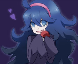 Rule 34 | 1girl, :d, @ @, ahoge, black sweater, blue eyes, blue hair, creatures (company), game freak, hair between eyes, hairband, heart, hex maniac (pokemon), holding, holding poke ball, image sample, long hair, long sleeves, looking at viewer, maruki (punchiki), nicoseiga sample, nintendo, npc trainer, open mouth, pale skin, poke ball, poke ball (basic), pokemon, pokemon xy, purple background, simple background, sleeves past wrists, smile, solo, sweater, upper body