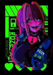 1girl ace_glitch aqua_eyes black_background blood blood_in_mouth blue_jacket blush breasts character_request commentary copyright_request cyberpunk english_commentary english_text facial_tattoo green_eyes grin heart heart_tattoo heterochromia highres jacket long_hair long_sleeves looking_at_viewer medium_breasts neon_lights open_clothes open_jacket open_mouth original purple_hair purple_sweater ringed_eyes simple_background smile solo sweater tattoo teeth turtleneck turtleneck_sweater upper_body yandere