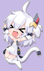 Rule 34 | &gt; &lt;, 1girl, :d, ahoge, azur lane, breasts, cable, cleavage, collarbone, commentary request, detached sleeves, dress, electric plug, looking at viewer, one side up, open mouth, osaragi mitama, outstretched arms, short hair, simple background, smile, solo, spread arms, striped clothes, striped dress, universal bulin (azur lane), vertical-striped clothes, vertical-striped dress, white hair, xd