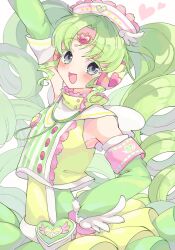 Rule 34 | 1girl, :d, alternate costume, arm up, blush, colored eyelashes, commentary request, detached sleeves, drill hair, fake wings, falulu, forehead jewel, green hair, green shirt, green skirt, grey eyes, hand on own hip, headphones, heart, heart pouch, highres, long hair, looking at viewer, marueri, open mouth, parted bangs, pink headwear, pretty series, pripara, shirt, sidelocks, skirt, smile, solo, twintails, very long hair, white wings, wing hair ornament, wings
