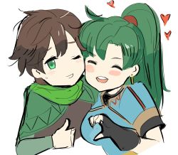 Rule 34 | 1boy, 1girl, black gloves, blush, brown hair, closed eyes, commentary, fire emblem, fire emblem: the blazing blade, fire emblem heroes, gloves, green eyes, green hair, heart, highres, long hair, lyn (fire emblem), mark (fire emblem: the blazing blade), nintendo, open mouth, ormille, ponytail, simple background, smile, white background