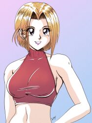 Rule 34 | 1girl, bare shoulders, blonde hair, blue background, blue mary, breasts, collarbone, commentary, crop top, english commentary, fatal fury, gradient background, hand on own hip, highres, lipstick, makeup, medium breasts, midriff, navel, pink lips, retro artstyle, signature, simple background, smile, solo, tedbob84, the king of fighters, triangle mouth