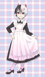 Rule 34 | 1boy, absurdres, anger vein, apron, black dress, black footwear, black hair, closed mouth, collared dress, commentary request, crossdressing, demon horns, dress, fang, fang out, frilled apron, frills, frown, full body, grey hair, gucchiann, high heels, highres, horns, kariza (princess connect!), long sleeves, maid, maid apron, male focus, male maid, multicolored hair, pantyhose, plaid, plaid background, princess connect!, red eyes, shoes, solo, standing, two-tone hair, white apron, white pantyhose