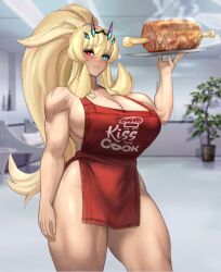Rule 34 | 1girl, absurdres, apron, bare shoulders, barghest (fate), blonde hair, bone, boned meat, breasts, cleavage, fate/grand order, fate (series), food, green eyes, heterochromia, highres, huge breasts, long hair, meat, muscular, muscular female, naked apron, ponytail, raskasar, red apron, red eyes, solo, thick thighs, thighs, tray
