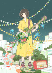 Rule 34 | 1girl, absurdres, bird, black eyes, black hair, blue flower, blush, bob cut, brown footwear, building, dress, electric guitar, flower, full body, giant, giantess, guitar, highres, instrument, leaf, looking at viewer, night, night sky, orange flower, original, outdoors, outline, petals, pink flower, shoes, short hair, sky, smile, solo, standing, star (sky), starry sky, striped clothes, striped dress, tree, white flower, white outline, yellow dress, yoshimon