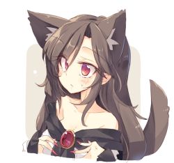 Rule 34 | 1girl, animal ears, bare shoulders, breasts, brooch, brown hair, cleavage, collarbone, commentary request, extra ears, fingernails, frilled sleeves, frills, hair between eyes, imaizumi kagerou, jewelry, long fingernails, long hair, long sleeves, looking at viewer, medium breasts, nail polish, off shoulder, red eyes, satou kibi, sidelocks, sketch, solo, sweatdrop, tail, touhou, wolf ears, wolf tail