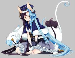 Rule 34 | 1girl, animal, animal ears, bandages, bandaid, bandaid on face, bandaid on nose, black hair, blue hair, boots, braid, breasts, character request, copyright request, earrings, full body, grey background, hat, high heels, horns, jewelry, kikamaka, knee boots, long hair, multicolored hair, simple background, single earring, sitting, solo, tears, two-tone hair, very long hair, yellow eyes, yudeta macaroni