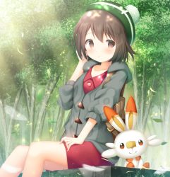 Rule 34 | 1girl, backpack, bad id, bad pixiv id, bag, blush, bob cut, brown bag, brown eyes, brown hair, buttons, cardigan, closed mouth, collared dress, commentary request, creatures (company), day, dress, from below, game freak, gen 8 pokemon, gloria (pokemon), green headwear, grey cardigan, hand on own thigh, hand up, hat, hooded cardigan, kamowasa, light beam, looking at viewer, nintendo, outdoors, pokemon, pokemon (creature), pokemon swsh, scorbunny, short hair, sitting, tam o&#039; shanter, tree