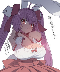 Rule 34 | 1girl, animal ears, blush, bow, breasts, choker, cleavage, closed mouth, di gi charat, dice, dice hair ornament, dress, eyelashes, frilled dress, frills, hair ornament, heart, highres, large breasts, long hair, pink hair, rabbit ears, rabbit tail, red eyes, ribbon, ribbon choker, simple background, solo, sumiyao (amam), tail, translation request, twintails, usada hikaru, white background