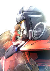 Rule 34 | 1boy, 1girl, alexis (transformers), bad id, bad pixiv id, brown hair, crying, death, decepticon, fading, glowing, glowing eyes, hair behind ear, hand on another&#039;s face, highres, hug, mecha, open hands, open mouth, orange eyes, robot, science fiction, shoulder cannon, sitting, sizuku 73, spoilers, starscream, transformers, transformers armada, transformers unicron trilogy, upper body, white background