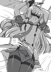 Rule 34 | 1boy, 1girl, admiral (kancolle), arms up, bdsm, bed, bed sheet, blindfold, blunt bangs, blush, bound, bound arms, breasts, buttons, clothes lift, covered eyes, cowboy shot, cuffs, dated, double-breasted, dress, dress lift, gloves, greyscale, hair ribbon, handcuffs, head tilt, highres, kantai collection, kobayashi chisato, lifting another&#039;s clothes, long hair, long sleeves, lying, medium breasts, monochrome, murakumo (kancolle), necktie, nose blush, on back, on bed, open mouth, panties, panties under pantyhose, pantyhose, restrained, ribbon, short sleeves, sidelocks, signature, solo focus, sweat, tassel, thigh gap, thighband pantyhose, tress ribbon, underwear, very long hair