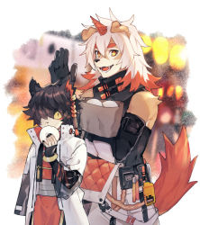 Rule 34 | 2boys, aak (arknights), animal ears, arknights, bag, baozi, black gloves, black hair, black nails, body fur, detached sleeves, dog boy, dog ears, eating, fingerless gloves, food, furry, furry male, gloves, high collar, holding, holding food, horns, hung (arknights), imoko (imo ss), long sleeves, male focus, multicolored fur, multicolored hair, multiple boys, nail polish, open mouth, orange hair, paper bag, single horn, tail, white hair, yellow eyes