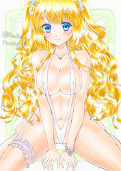 Rule 34 | 1girl, blonde hair, blue eyes, breasts, covered erect nipples, heart, heart necklace, jewelry, large breasts, long hair, looking at viewer, marker (medium), navel, necklace, original, ruuna (ruunayh), slingshot swimsuit, smile, solo, swimsuit, traditional media, twintails, very long hair