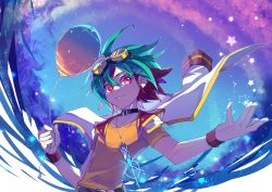 Rule 34 | 1boy, balloon, cosmos mrst, dyed bangs, goggles, goggles on head, green hair, hair between eyes, highres, holding, holding balloon, jacket, jacket on shoulders, jewelry, looking at viewer, male focus, multicolored hair, open clothes, open jacket, outstretched hand, pendant, reaching, reaching towards viewer, red eyes, red hair, sakaki yuuya, short hair, smile, solo, two-tone hair, yu-gi-oh!, yu-gi-oh! arc-v
