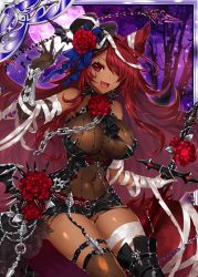 Rule 34 | 1girl, age of ishtaria, apt, bandaged arm, bandaged hand, bandages, bare shoulders, bat wings, black hat, boots, breasts, chain, collaboration, dark-skinned female, dark skin, fishnets, flower, flower hat, full moon, hair over one eye, halloween, halloween costume, hat, high heel boots, high heels, large breasts, looking at viewer, mini hat, mini top hat, moon, mordred (age of ishtaria), night, night sky, official art, open mouth, purple ribbon, purple sky, red eyes, red flower, red hair, red rose, ribbed hat, ribbon, rose, shinkai no valkyrie, sky, solo, sword, thighhighs, top hat, weapon, wings