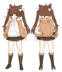Rule 34 | 1girl, :&lt;, ahoge, animal ears, black skirt, boots, bow, brown hair, cat ears, commentary, dog ears, dog tail, female focus, from behind, full body, hair bow, hair ornament, hood, hoodie, kneepits, legs, legs apart, long hair, multiple views, original, pleated skirt, shiba inu, simple background, skirt, sleeves past fingers, sleeves past wrists, standing, tail, terupancake, thighs, twintails, white background, white bow