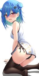 Rule 34 | 1girl, balflear (oe19nlud), black panties, blue hair, blush, breasts, china dress, chinese clothes, dress, embarrassed, fang, green hair, highres, hiyoku no crosspiece, long bangs, looking at viewer, mole, mole under eye, multicolored hair, nanashi inc., open mouth, panties, pink eyes, simple background, sleeveless, sleeveless dress, small breasts, suzumi nemo, thighhighs, two-tone hair, underwear, virtual youtuber, white background
