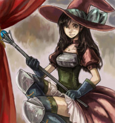 Rule 34 | 1girl, armor, black hair, brown eyes, hat, ribbon, smile, solo, staff, witch, witch hat