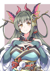 Rule 34 | 1girl, bare shoulders, bead bracelet, beads, blush, bracelet, breast suppress, bridal gauntlets, brown eyes, commentary, demon girl, demon horns, earrings, flan (zhd91), green hair, hair ornament, head tilt, highres, horns, interlocked fingers, japanese clothes, jewelry, kimono, long hair, looking at viewer, obi, oichi (p&amp;d), puzzle &amp; dragons, sash, solo